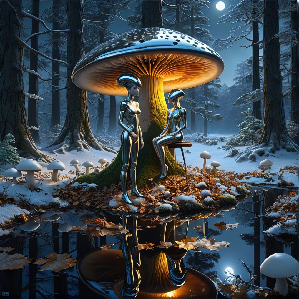 Mystical forest scene with metallic figures and mushrooms