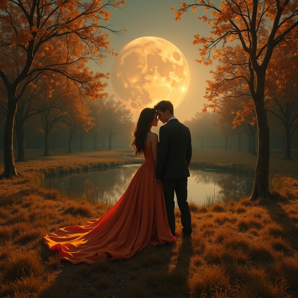 Couple Embracing by a Moonlit Autumn Pond