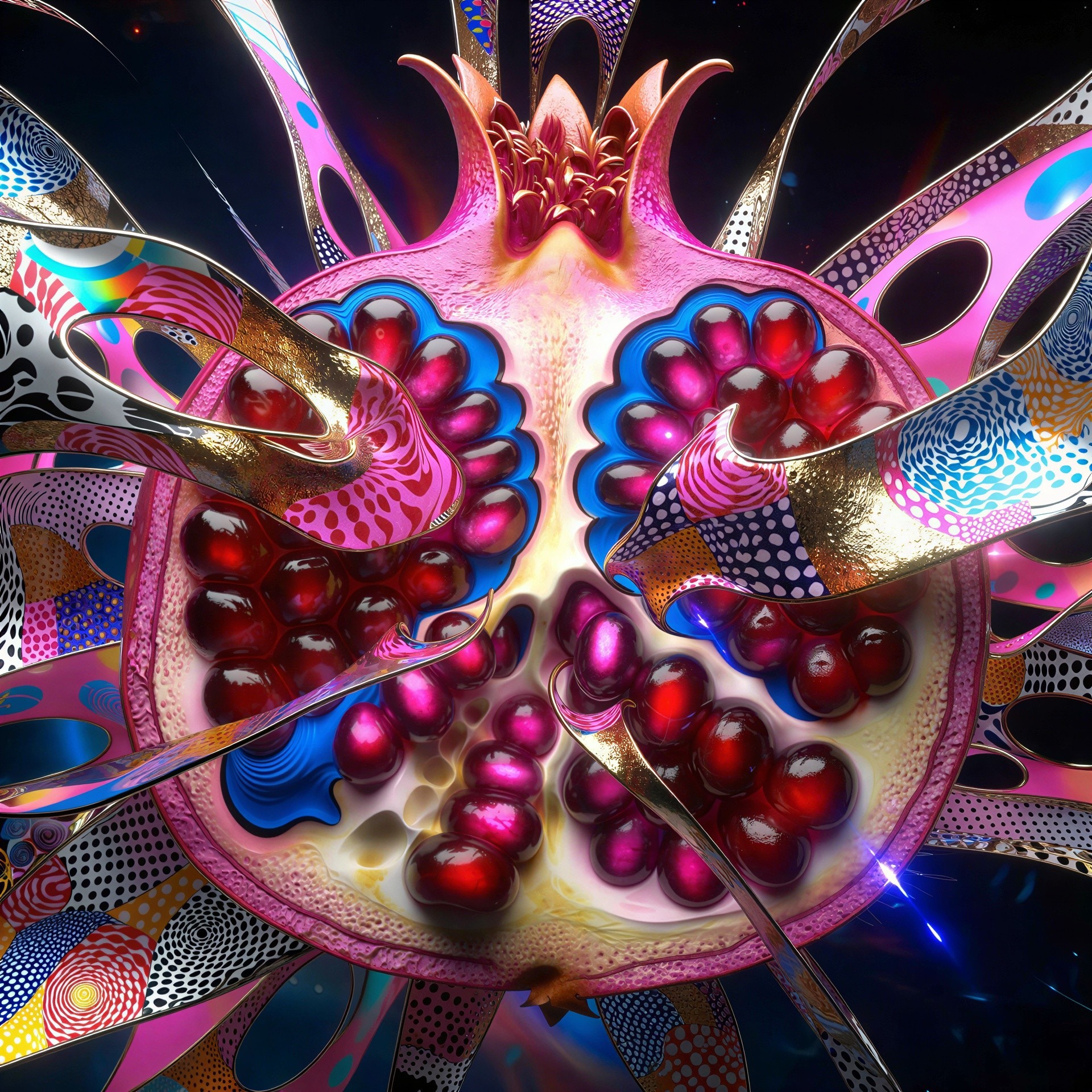 Surreal 3D Digital Illustration of a Split Pomegranate