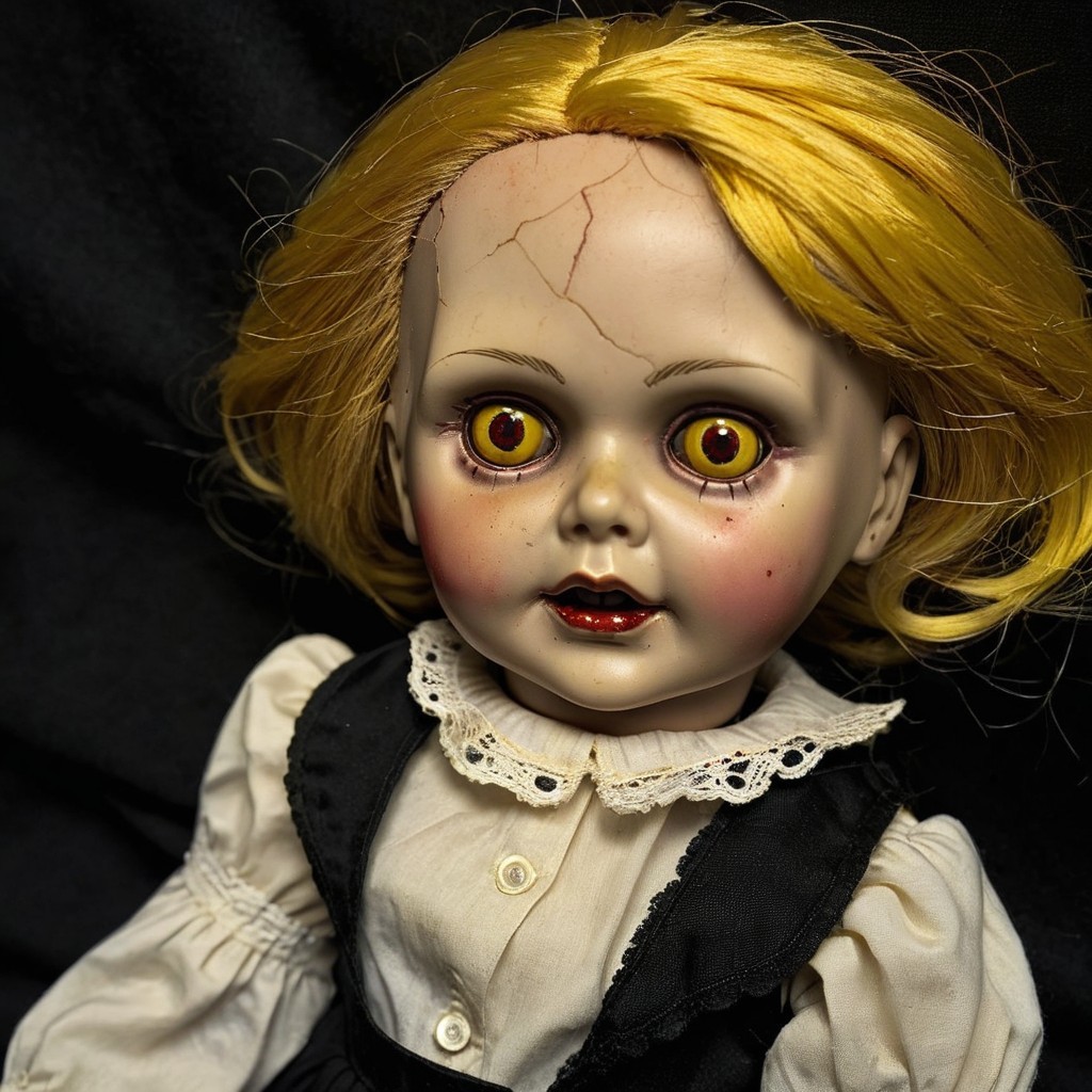 Vintage Doll with Yellow Hair and Piercing Eyes