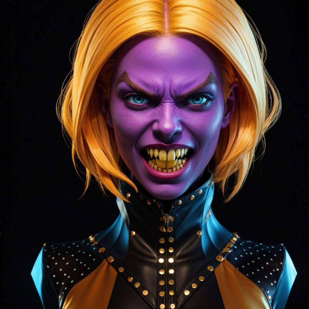 Character with Purple Skin and Orange Hair in Bold Outfit