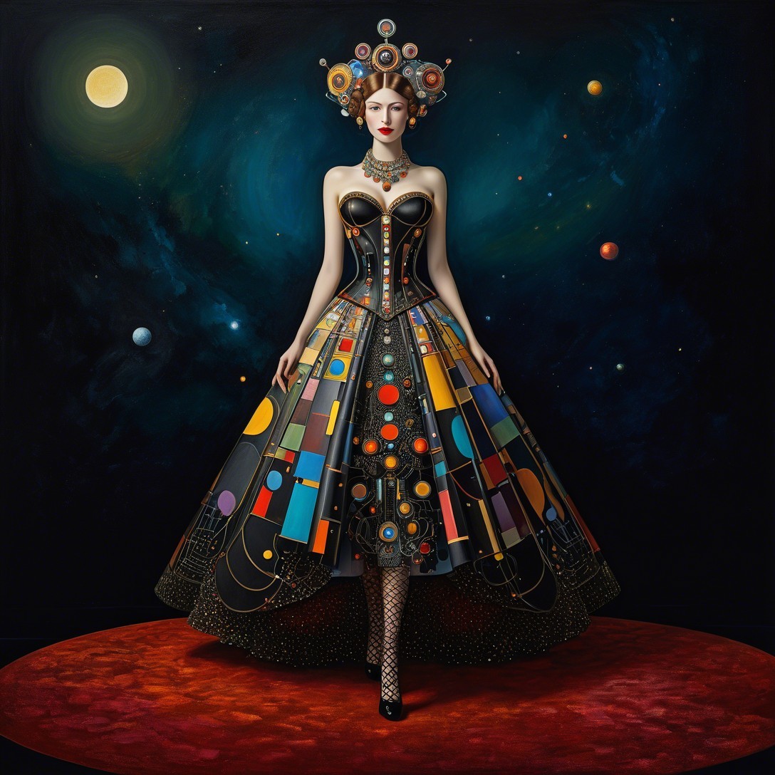 Elegant Woman in Geometric Ball Gown on Cosmic Stage