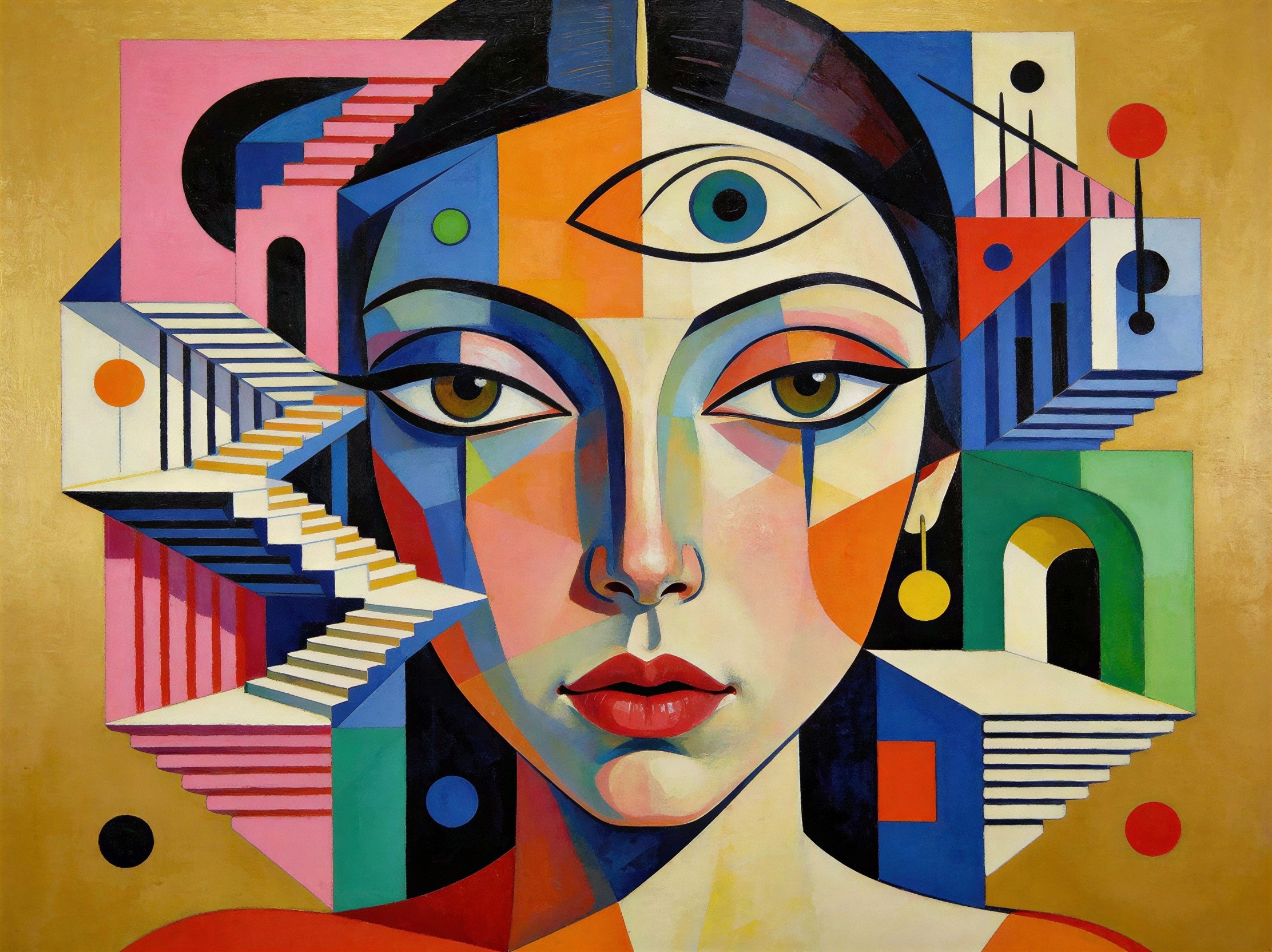 Cubist Painting of Woman's Face with Geometric Shapes