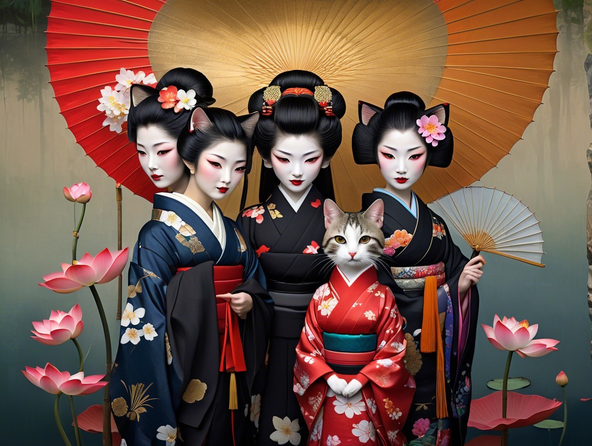 Elegant Women in Kimono with Floral Patterns and Cat