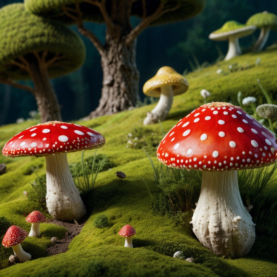 Whimsical forest scene with vibrant mushrooms and trees