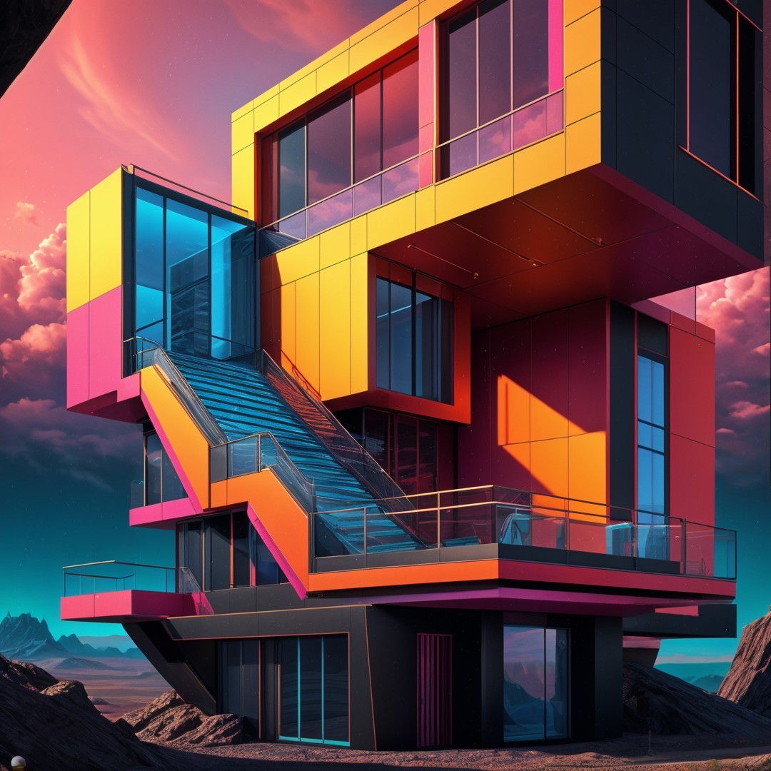 Futuristic Building with Bold Geometric Shapes at Sunset
