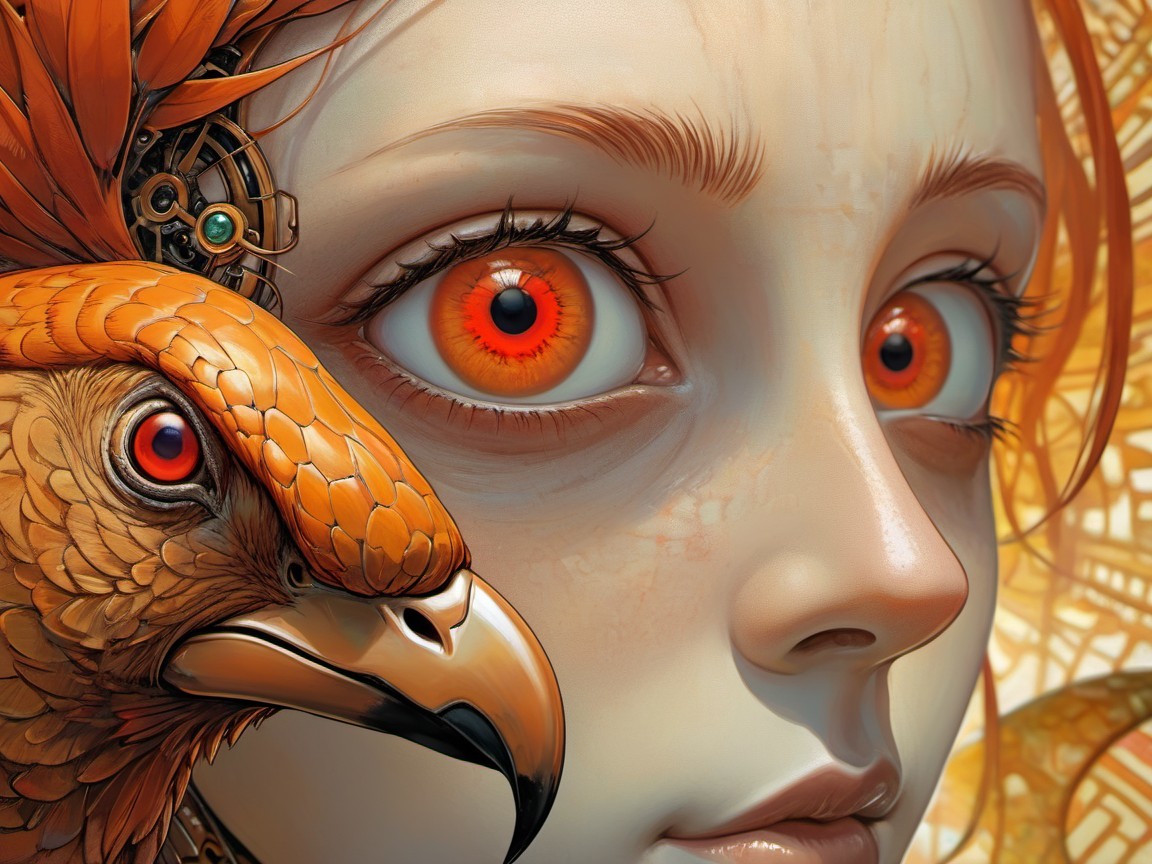Close-Up Portrait of a Woman and Stylized Phoenix