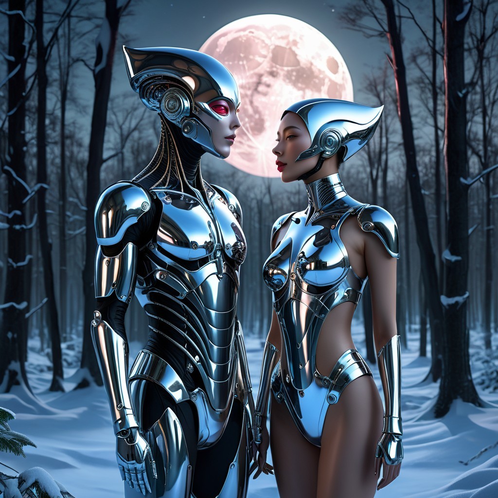 Moonlit Forest Scene with Futuristic Robots