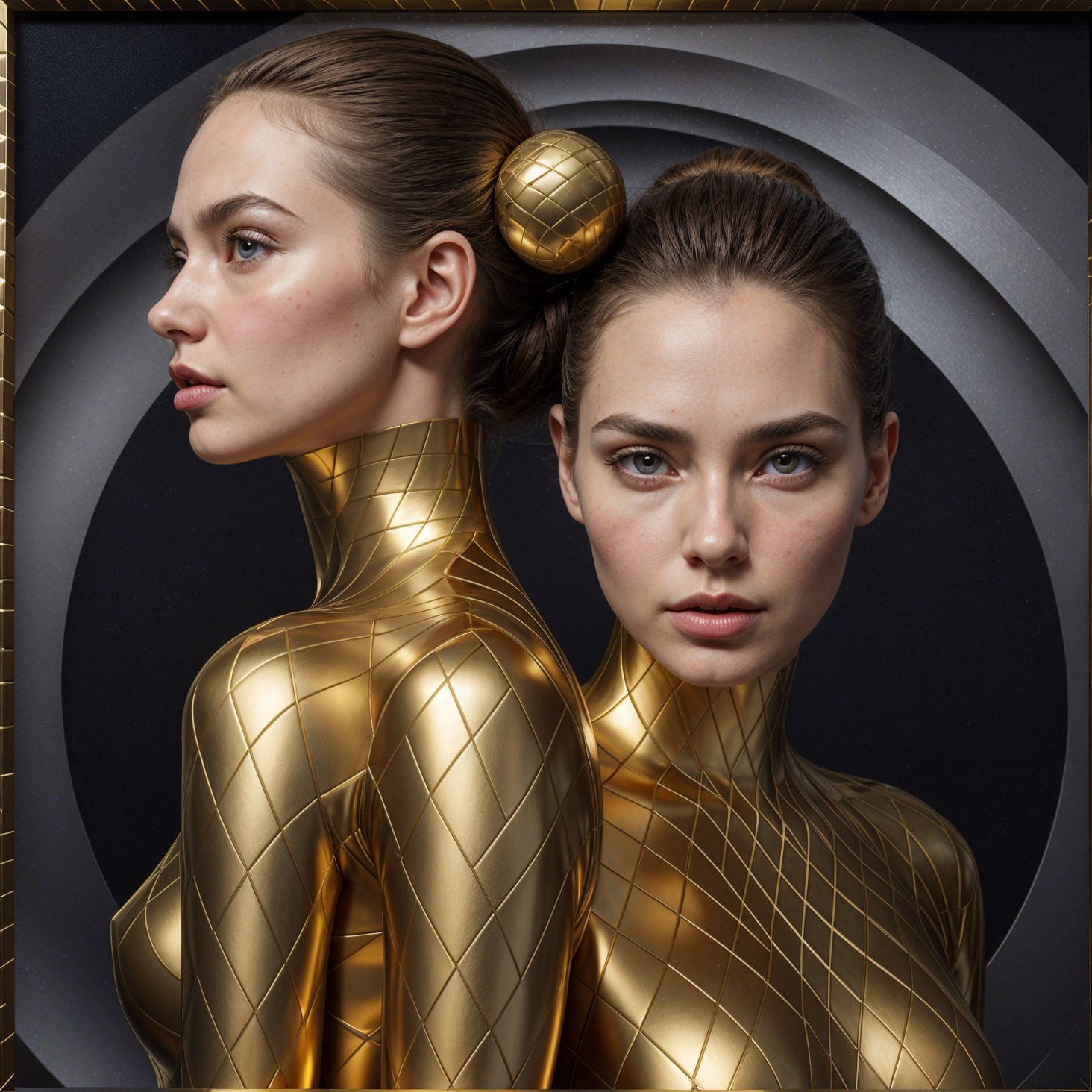 Portrait of Identical Women in Golden Bodysuits