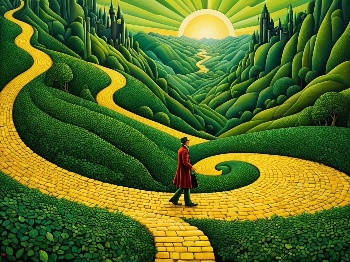 Figure in Red Coat on Yellow Brick Road in Whimsical Landscape