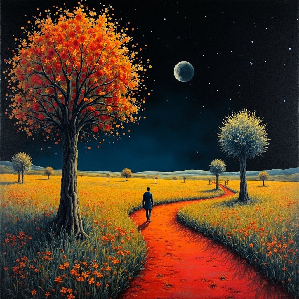 Nighttime Landscape with Red Path and Golden Flowers