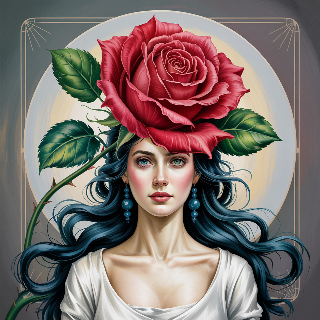 Woman with Blue Hair and Red Rose in Ethereal Setting