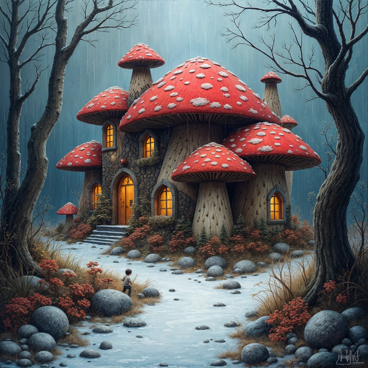 Whimsical Mushroom House in Serene Forest Setting