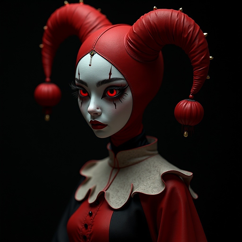 Jester-Inspired Doll with Elaborate Costume and Makeup