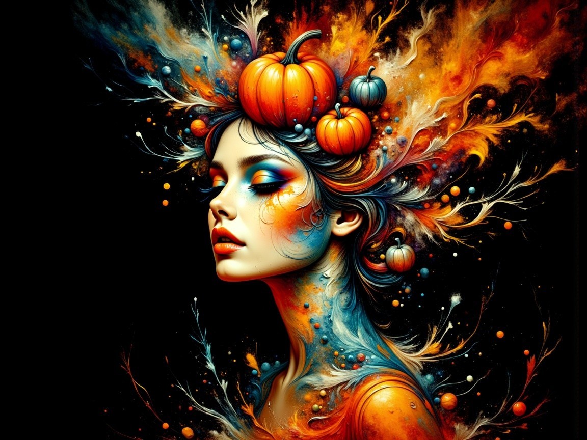 Surreal Woman with Colorful Hair and Pumpkin Accents