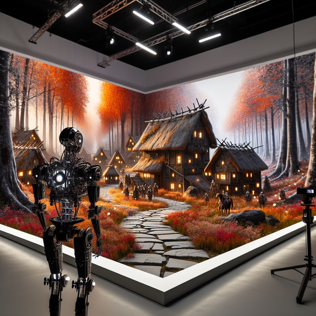 Humanoid Robot in Gallery with Autumnal Mural