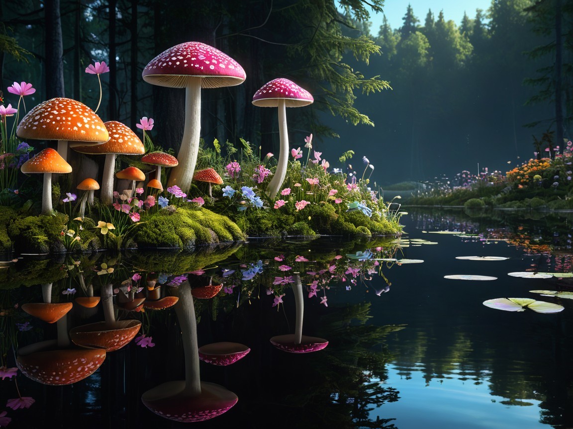Vibrant Mushrooms and Flowers in a Serene Forest Scene