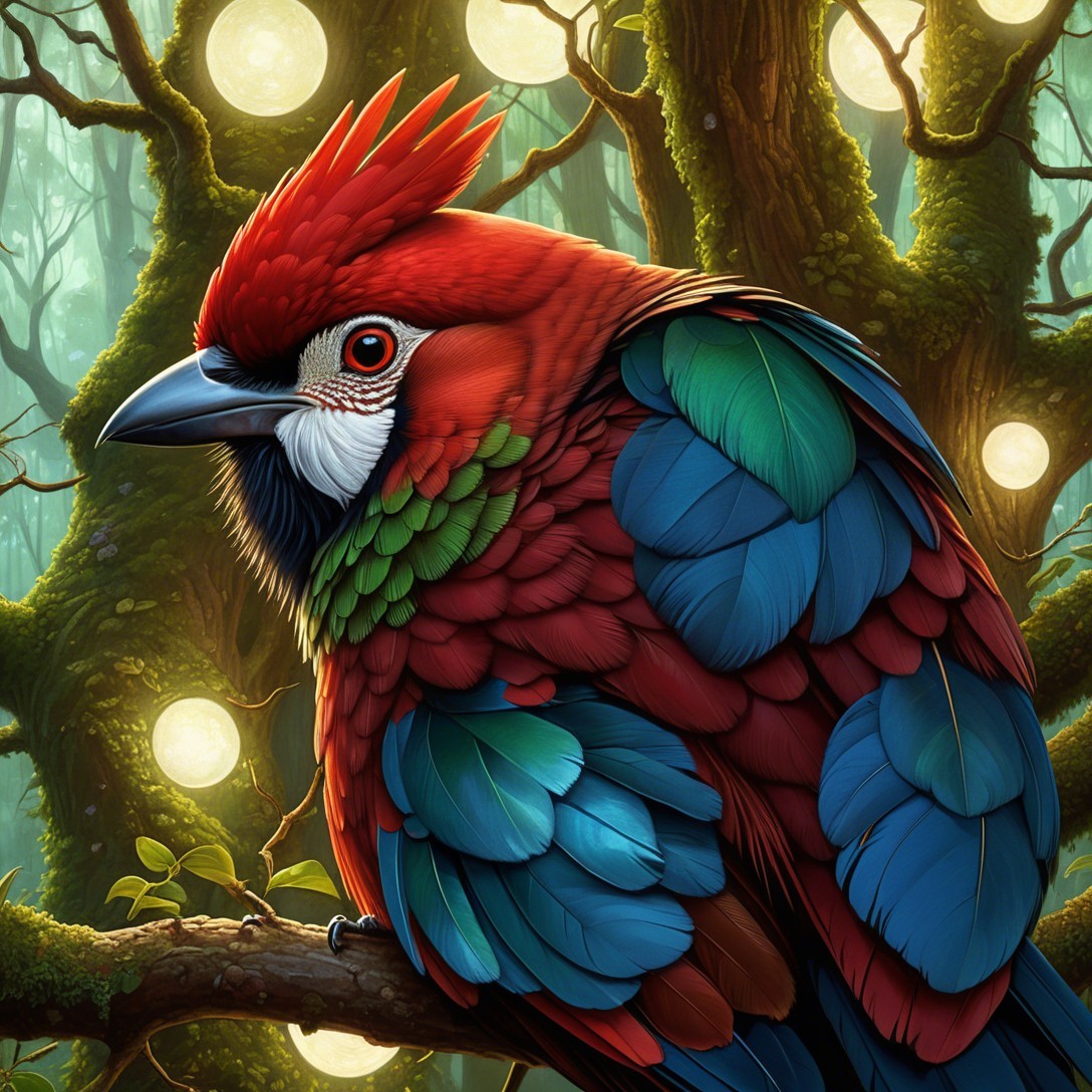 Digital Painting of a Colorful Macaw in Enchanted Forest
