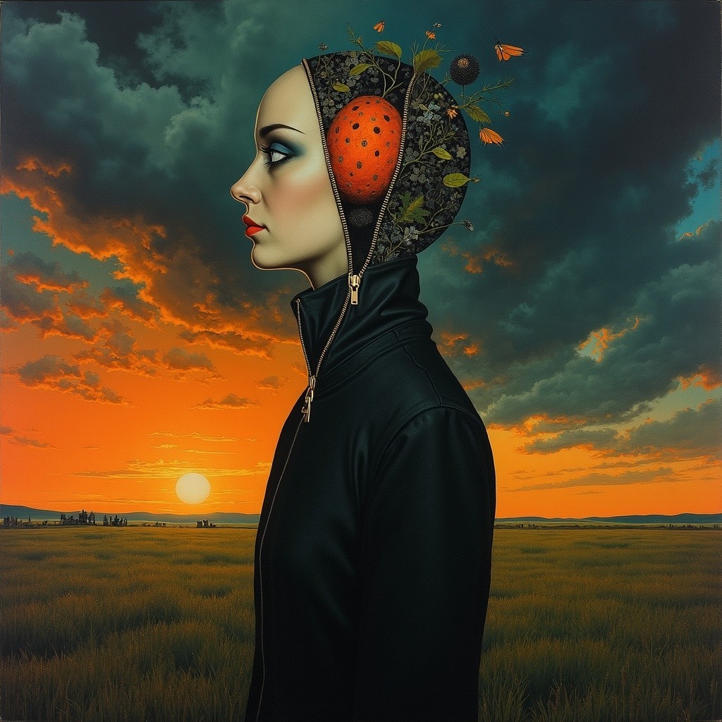 Woman in Black Jacket Against Dramatic Sunset Background