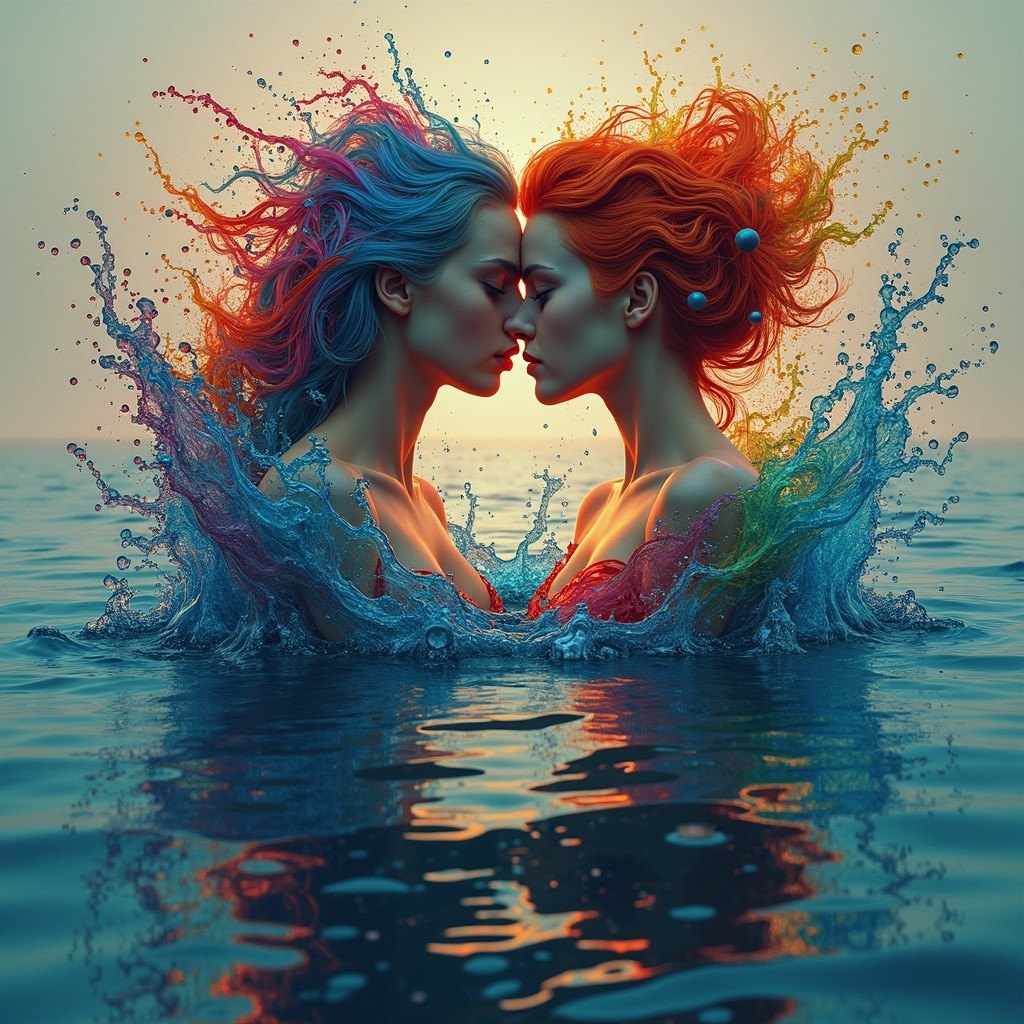 Ethereal Figures with Colorful Hair in Water Splash