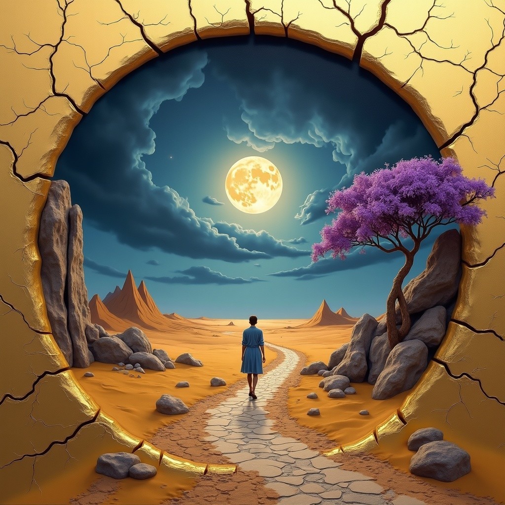 Surreal Landscape with Winding Path and Golden Circle