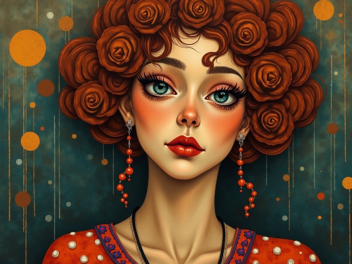 Striking Woman with Rose-Shaped Curls and Dramatic Makeup