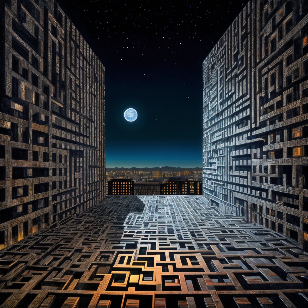 Surreal Maze Landscape with Towering Structures and Moon