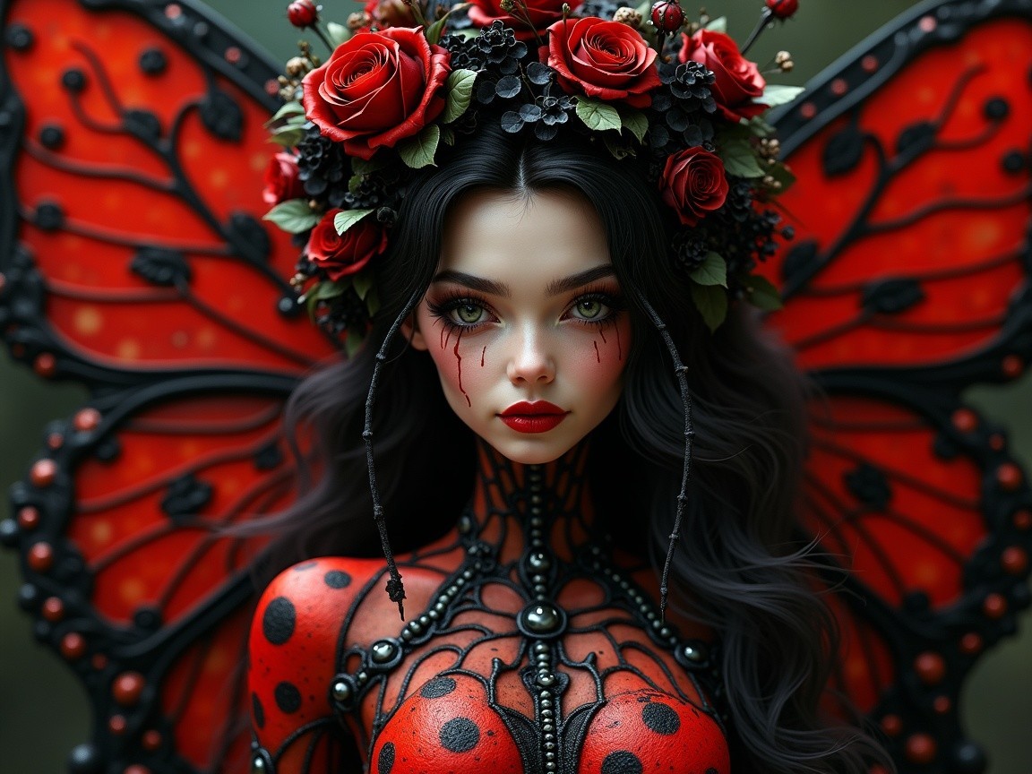 Butterfly-winged figure with red and black makeup