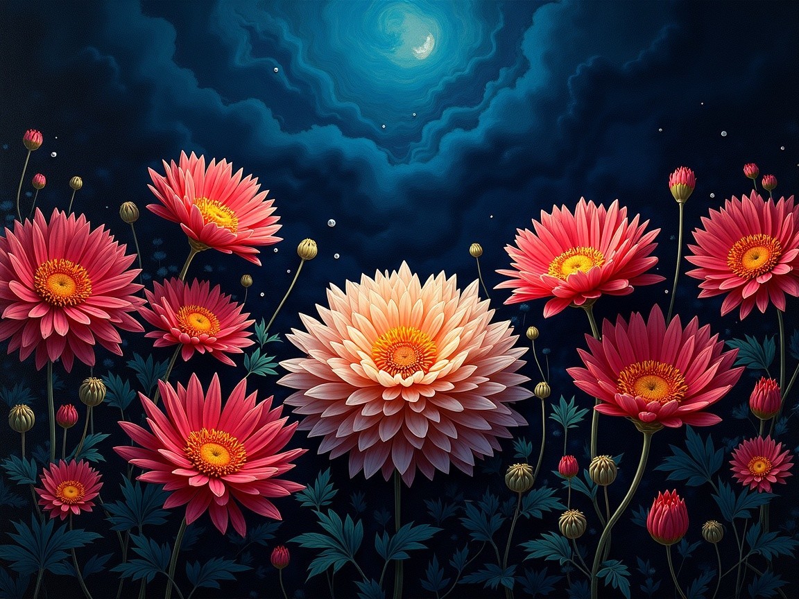 Blooming Flowers in Pink and Cream Against Night Sky