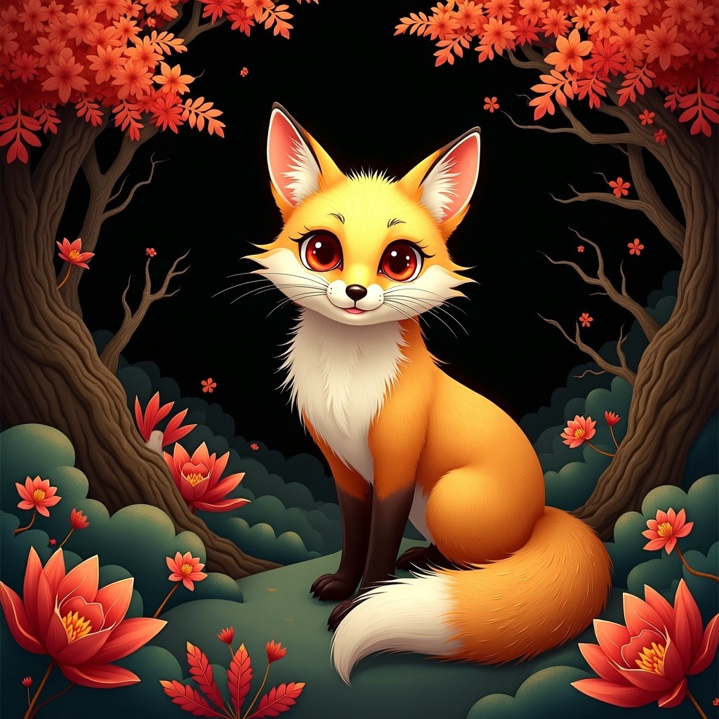 Cartoon Fox in Whimsical Autumn Forest Scene