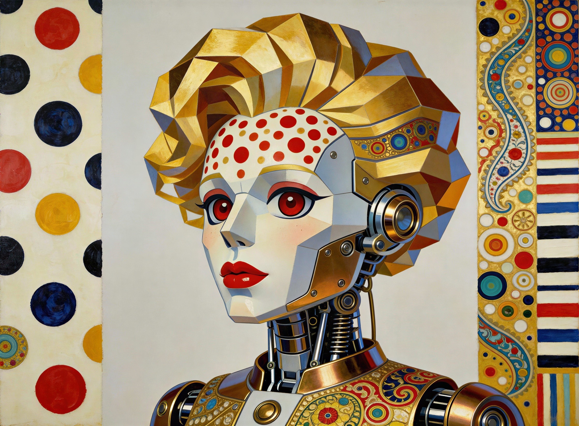 Geometric Robot Woman with Metallic Features and Patterns