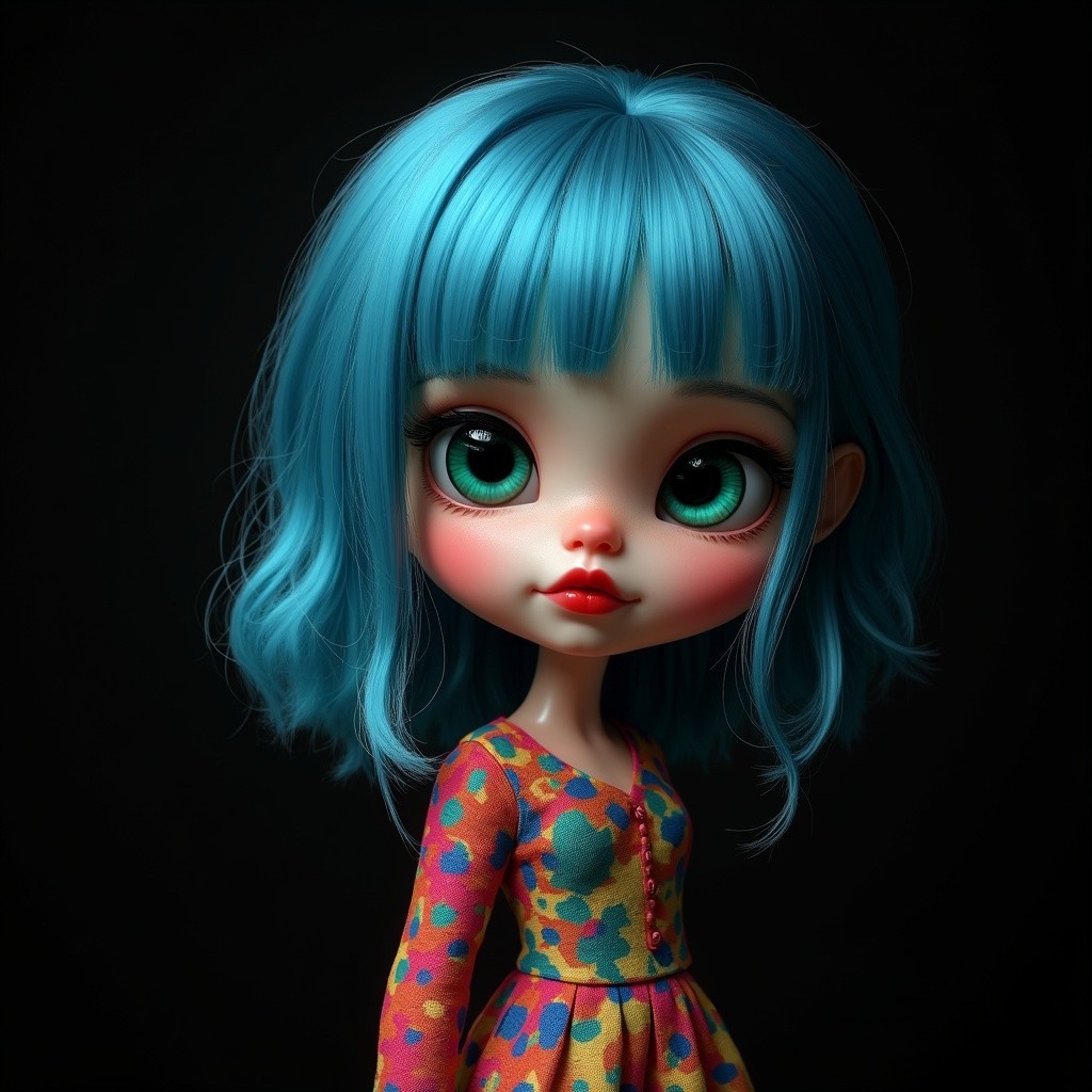 Whimsical doll with blue hair and vibrant dress