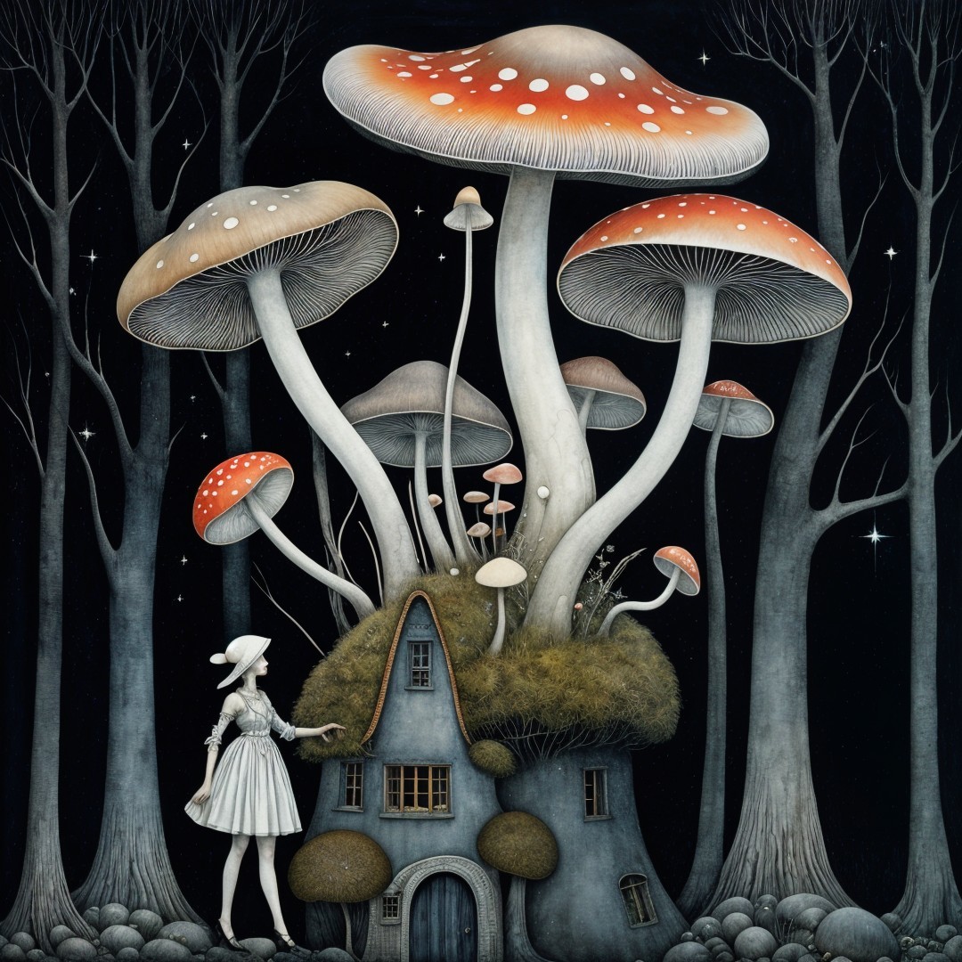 Whimsical Forest Scene with Cottage and Mushrooms