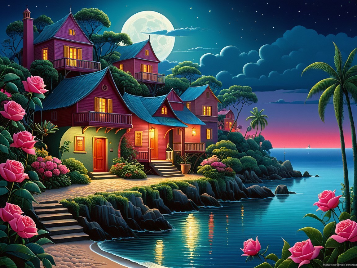 Nighttime Coastal Scene with Illuminated Houses and Moon
