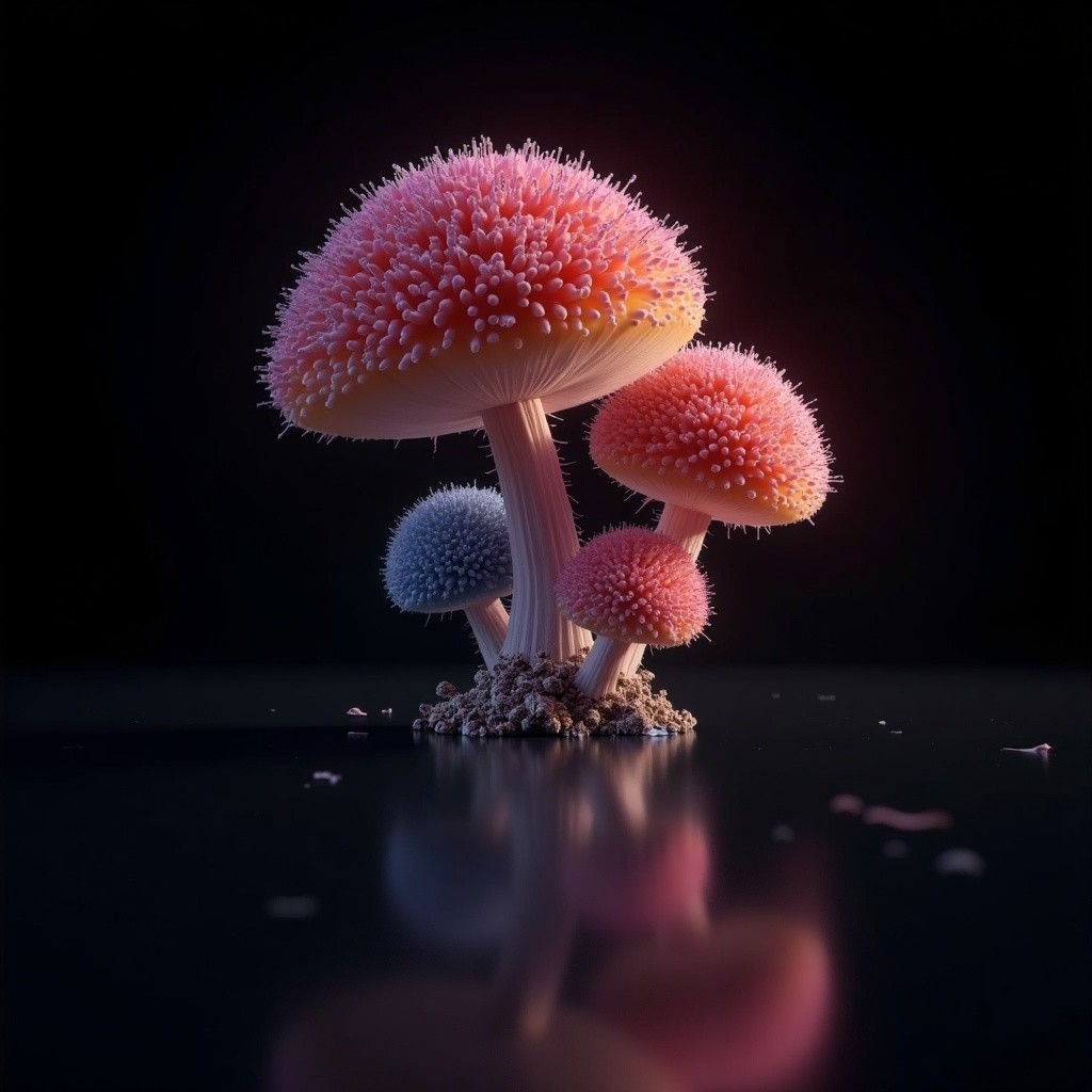 Vibrant Stylized Mushrooms on Reflective Surface