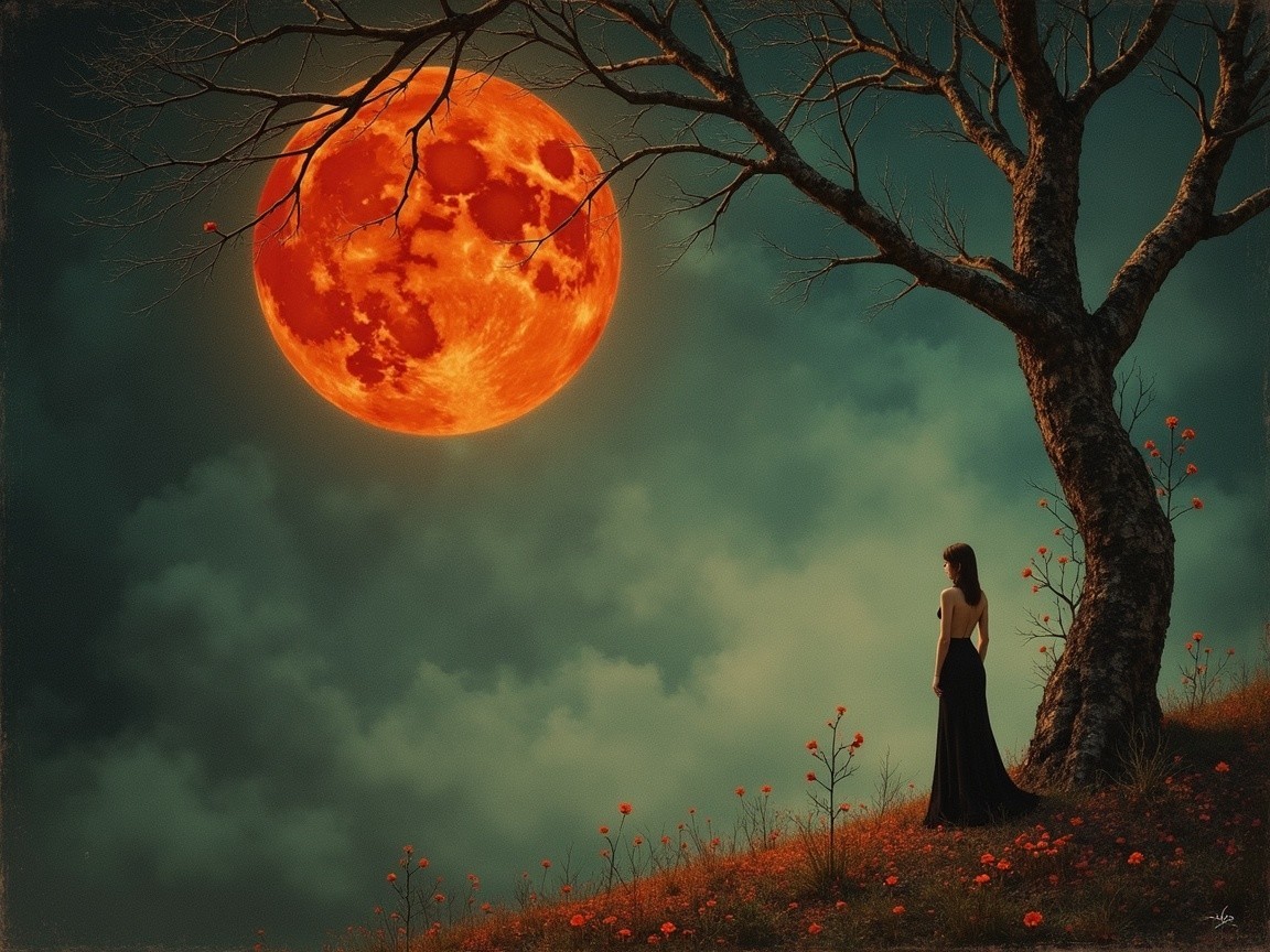 Solitary Figure Under Moonlit Tree with Flowers