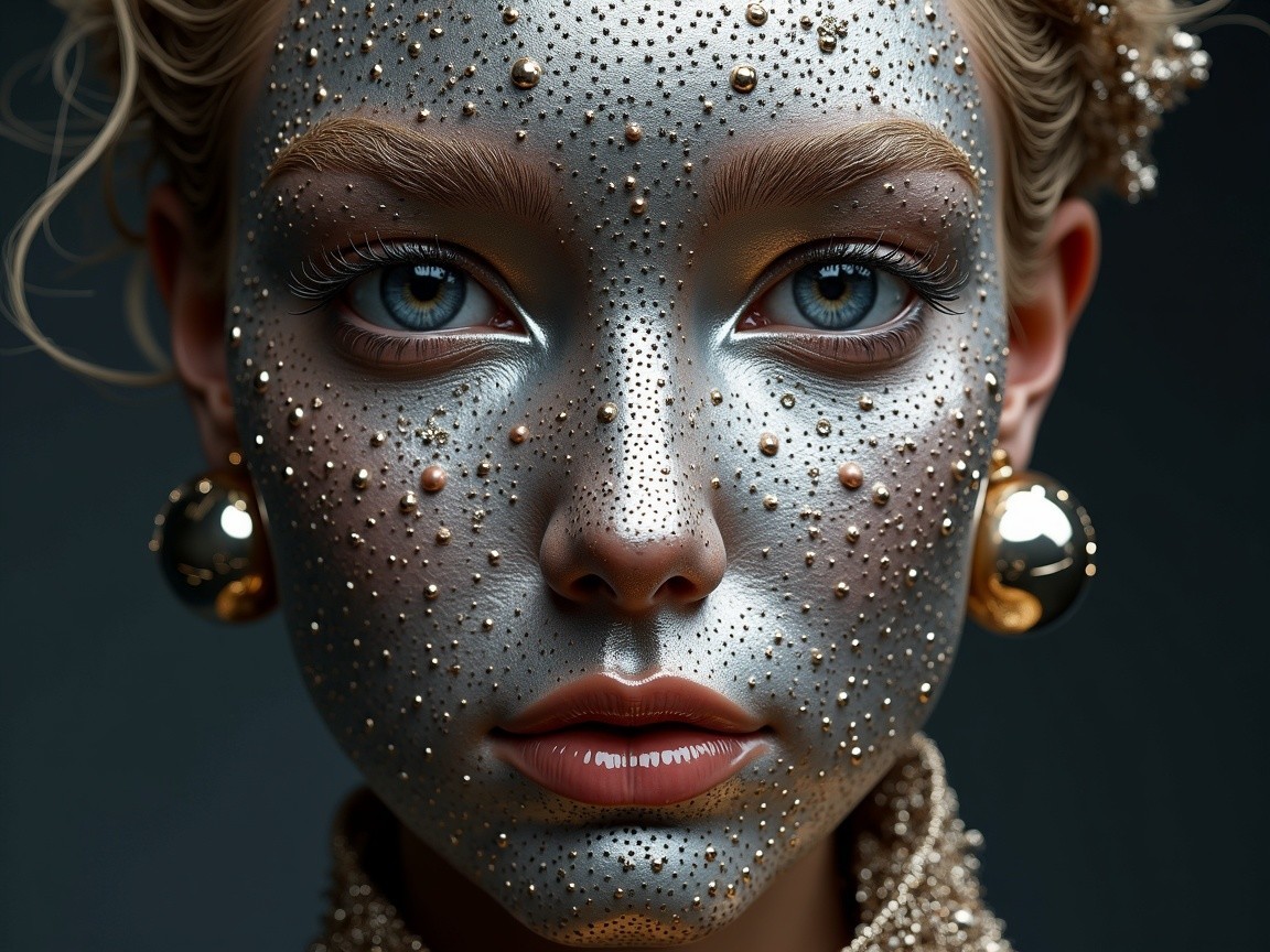 Portrait of a person with metallic silver face and beads