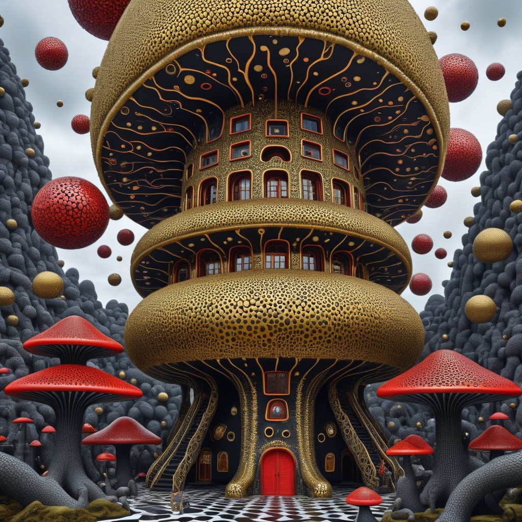 Surreal Landscape with Giant Mushroom Building