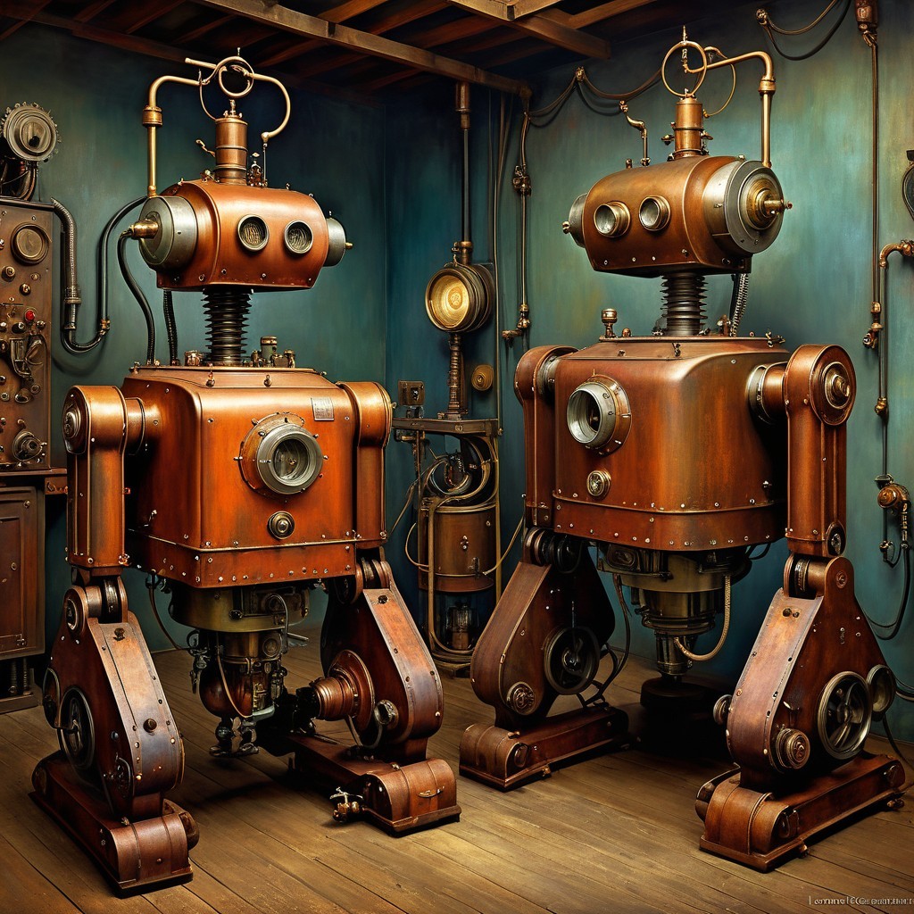 Vintage Robots in Steampunk Industrial Setting