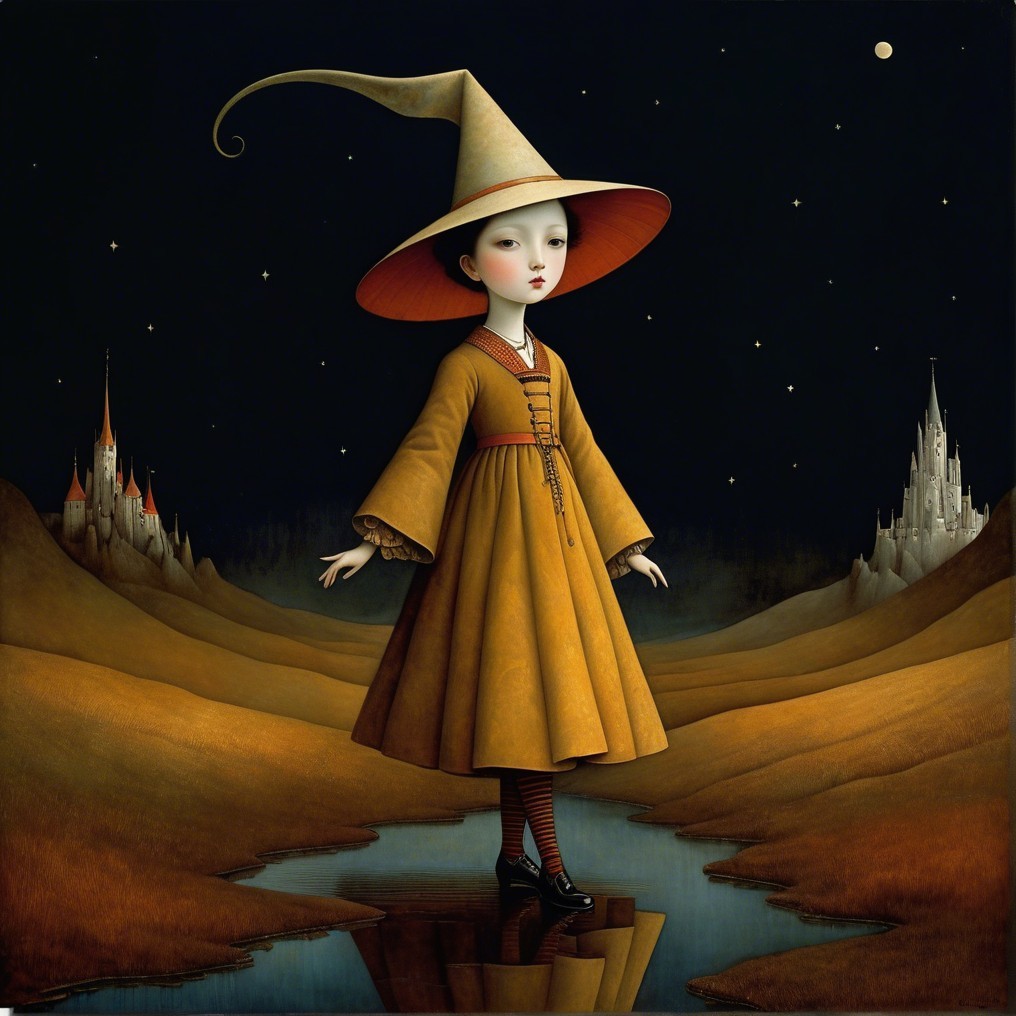 Young girl in flowing dress under starry night sky