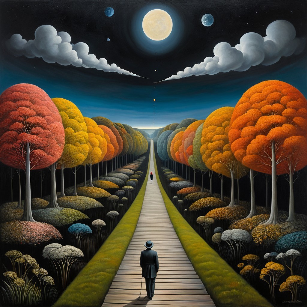 Surreal Autumn Landscape with Pathway and Moonlight