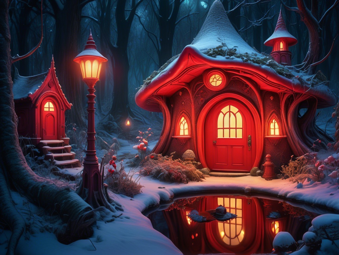 Whimsical Cottage in a Snowy Forest Setting