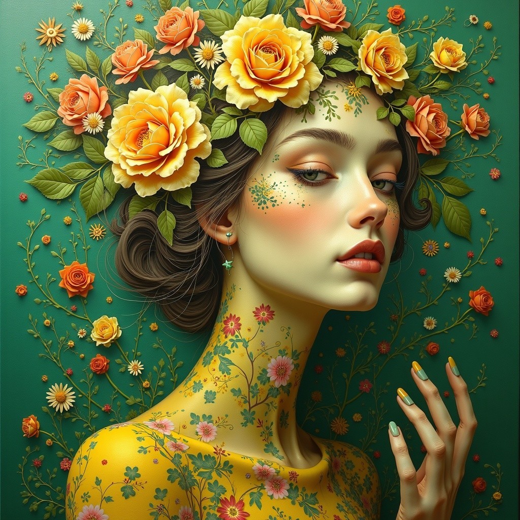 Portrait of a woman with yellow roses and greenery