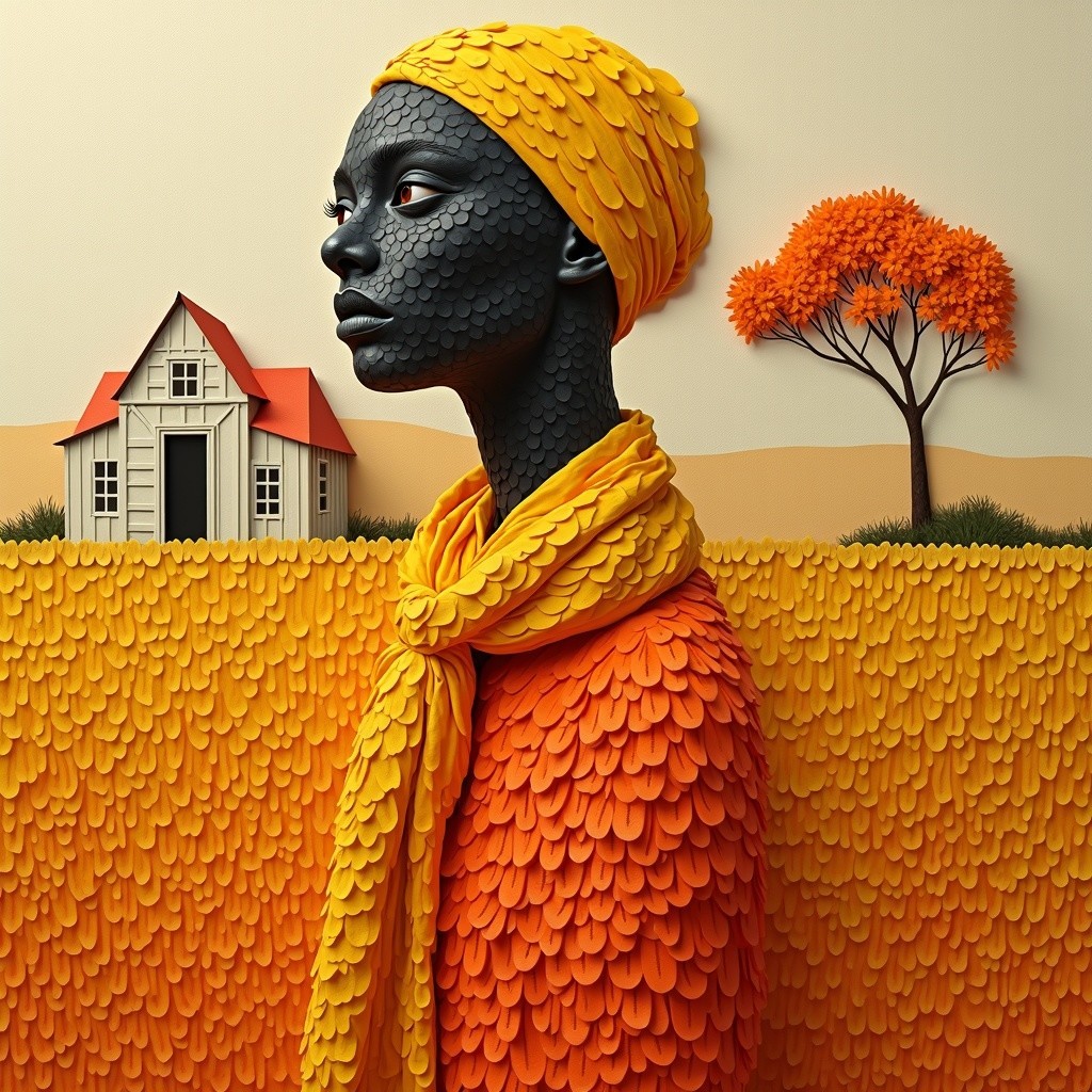 Stylized Figure with Colorful Attire in Serene Landscape