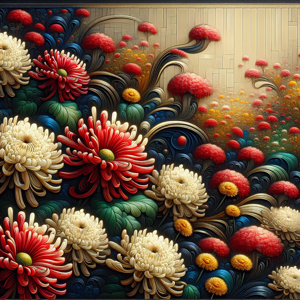 Intricate Floral Design with Red and White Chrysanthemums