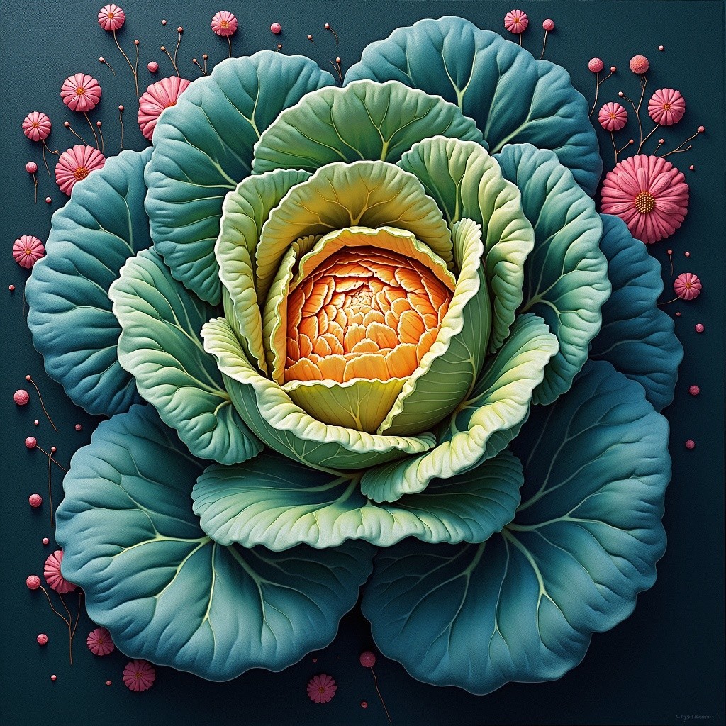Intricate Cabbage Surrounded by Pink Flowers and Tendrils