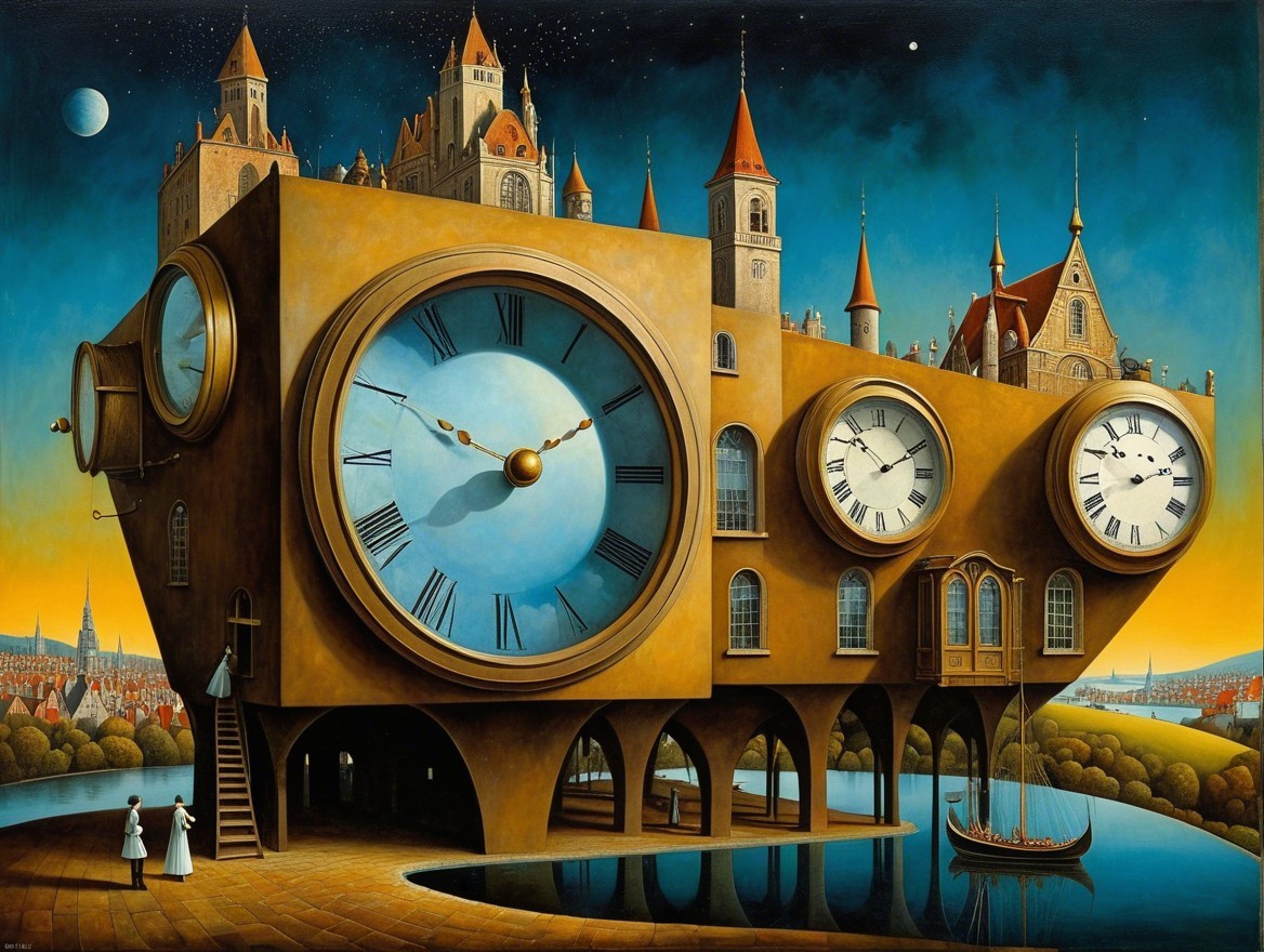Surreal Landscape with Giant Clocks and Castle Structure