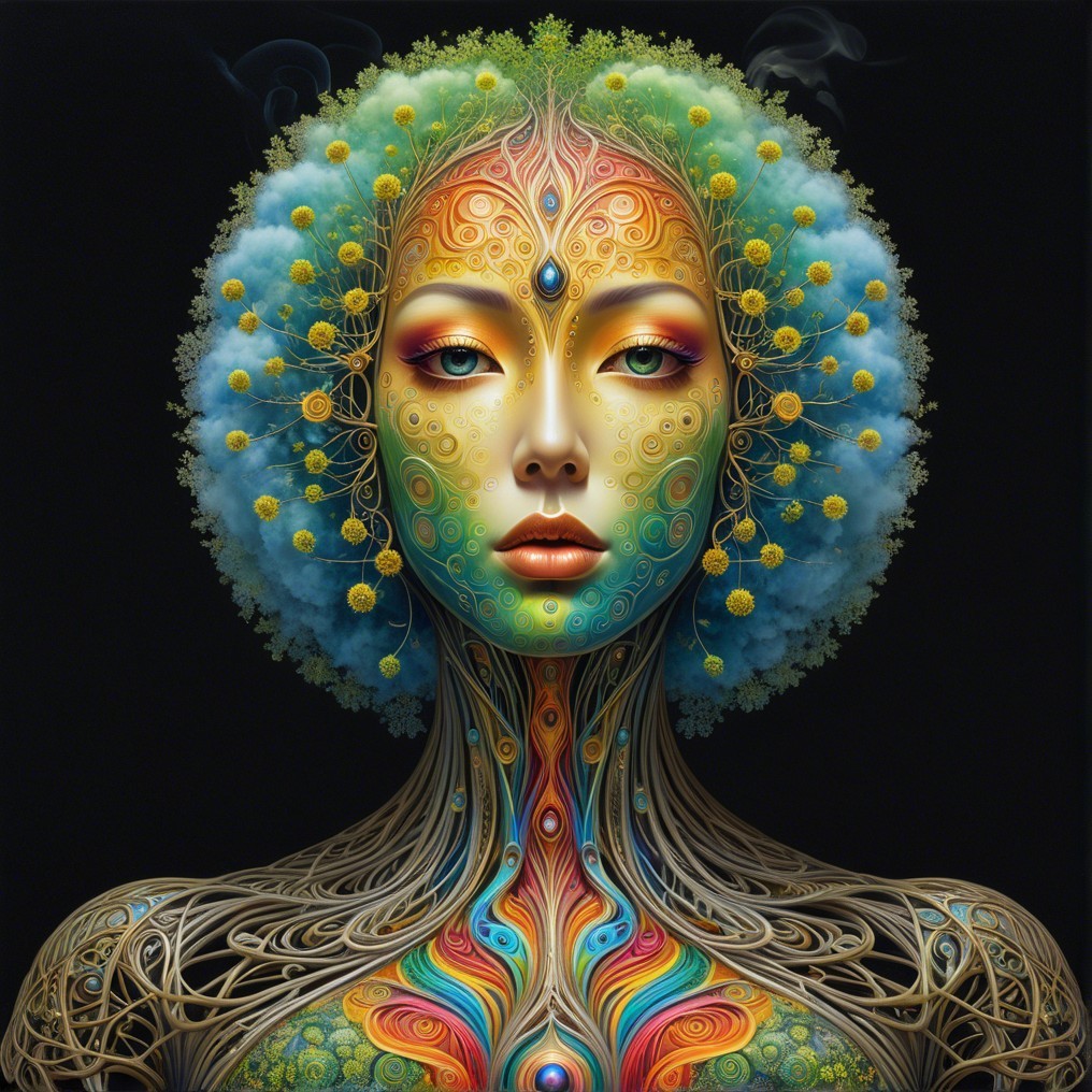 Stylized Female Figure with Intricate Patterns and Colors