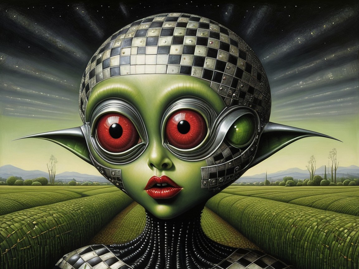 Surreal Humanoid Figure with Checkered Head and Red Eyes