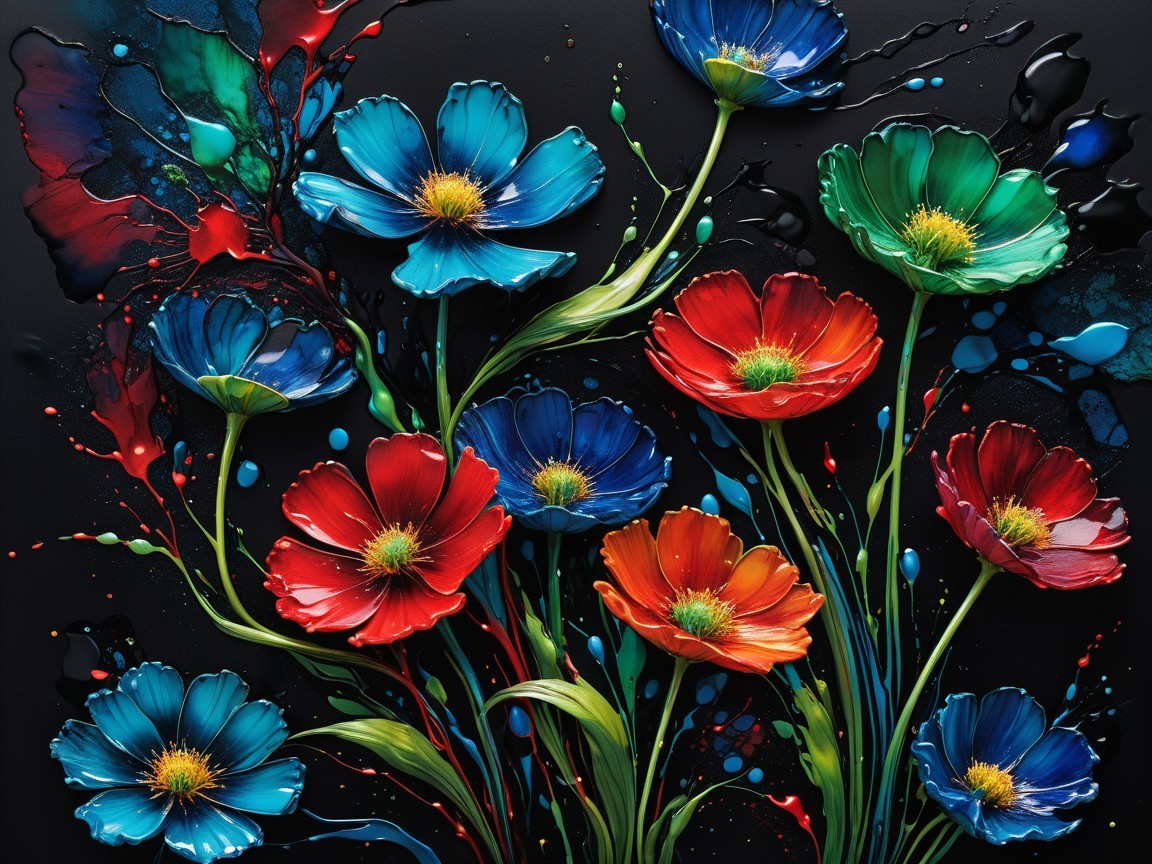 Vibrant Floral Arrangement with Abstract Paint Elements